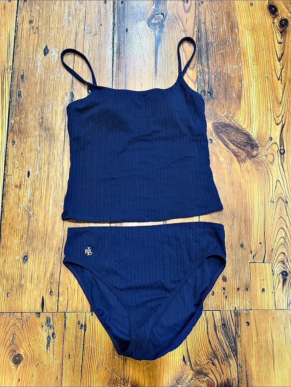Ralph Lauren Cable Knit Blue Two-Piece Swimsuit Tankini Bathing Suit Large